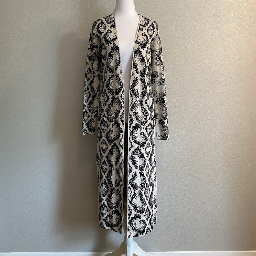 100% Cotton Longline Maxi Duster Cardigan Black Cream Geometric Print S
